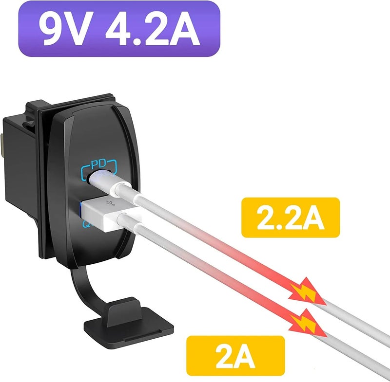 Bluejw Car Rocker Switch Charger, 4.2A Dual USB Charger with PD & QC3.0, 12V/24V Automobile Charger, USB C Fast Charging Port - Image 3
